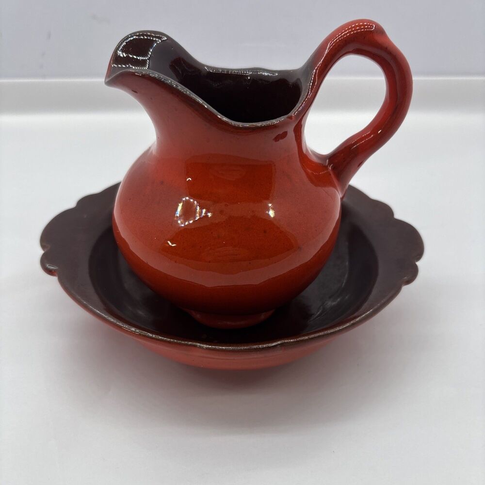 Vintage Frankoma Pottery Pitcher & Bowl Set Small 40A & 40B Red/Orange